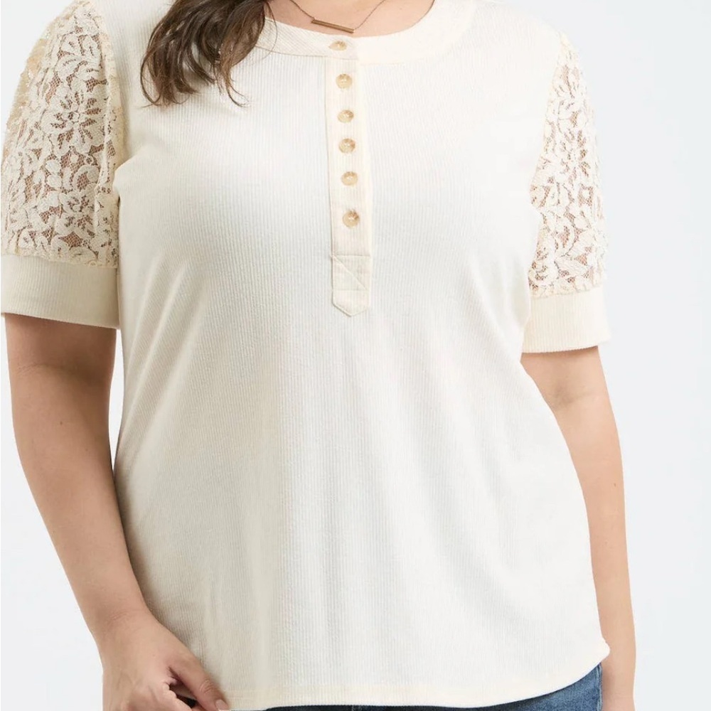 Plus size Lacey Puffy Sleeve Knit Top-Curvy Women size 1X, Perch lace flare